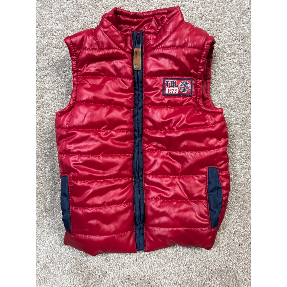 Timberland Kids Red Puffer Vest Navy Trim TBL 1973 Quilted Sleeveless Jacket 18M